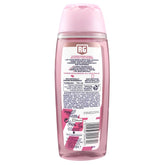 A pink-capped, clear 250ml bottle of Right Guard Pink Jasmine Shower Gel with a back label showing ingredients, recycling symbols, and product details—this moisturizing gel is ideal for a refreshing shower routine.